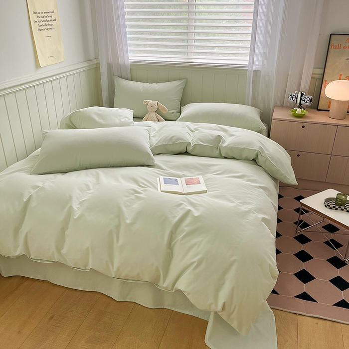 91家纺网 家纺一手货源 找家纺 蓝邻家纺 2025新款全棉纯棉磨毛简约系列四件套 清新绿