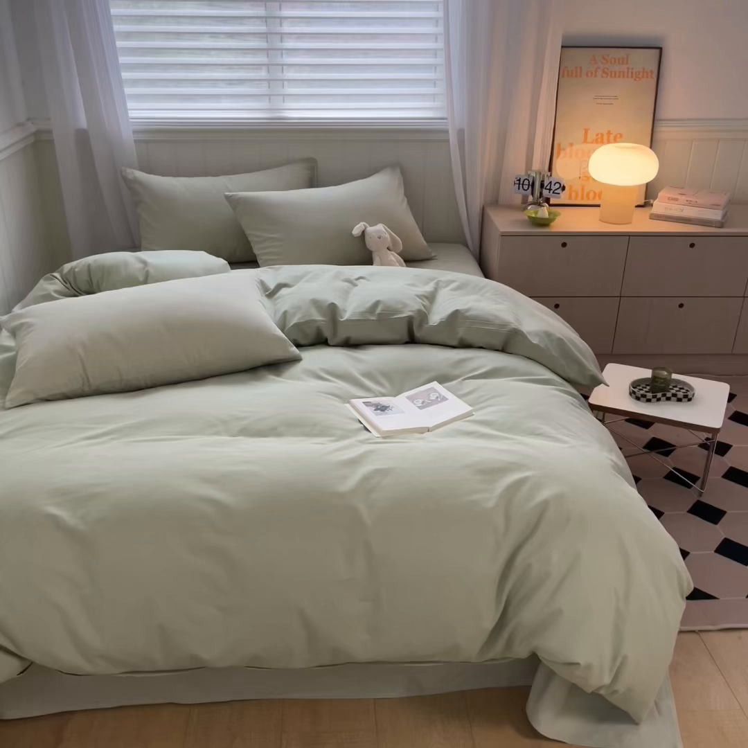 91家纺网 家纺一手货源 找家纺 蓝邻家纺 2025新款全棉纯棉磨毛简约系列四件套 青绿