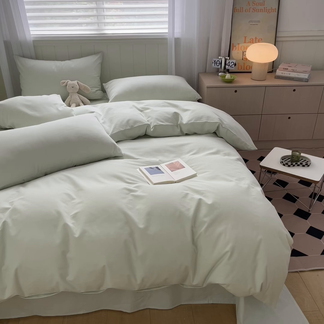 91家纺网 家纺一手货源 找家纺 蓝邻家纺 2025新款全棉纯棉磨毛简约系列四件套 清新绿