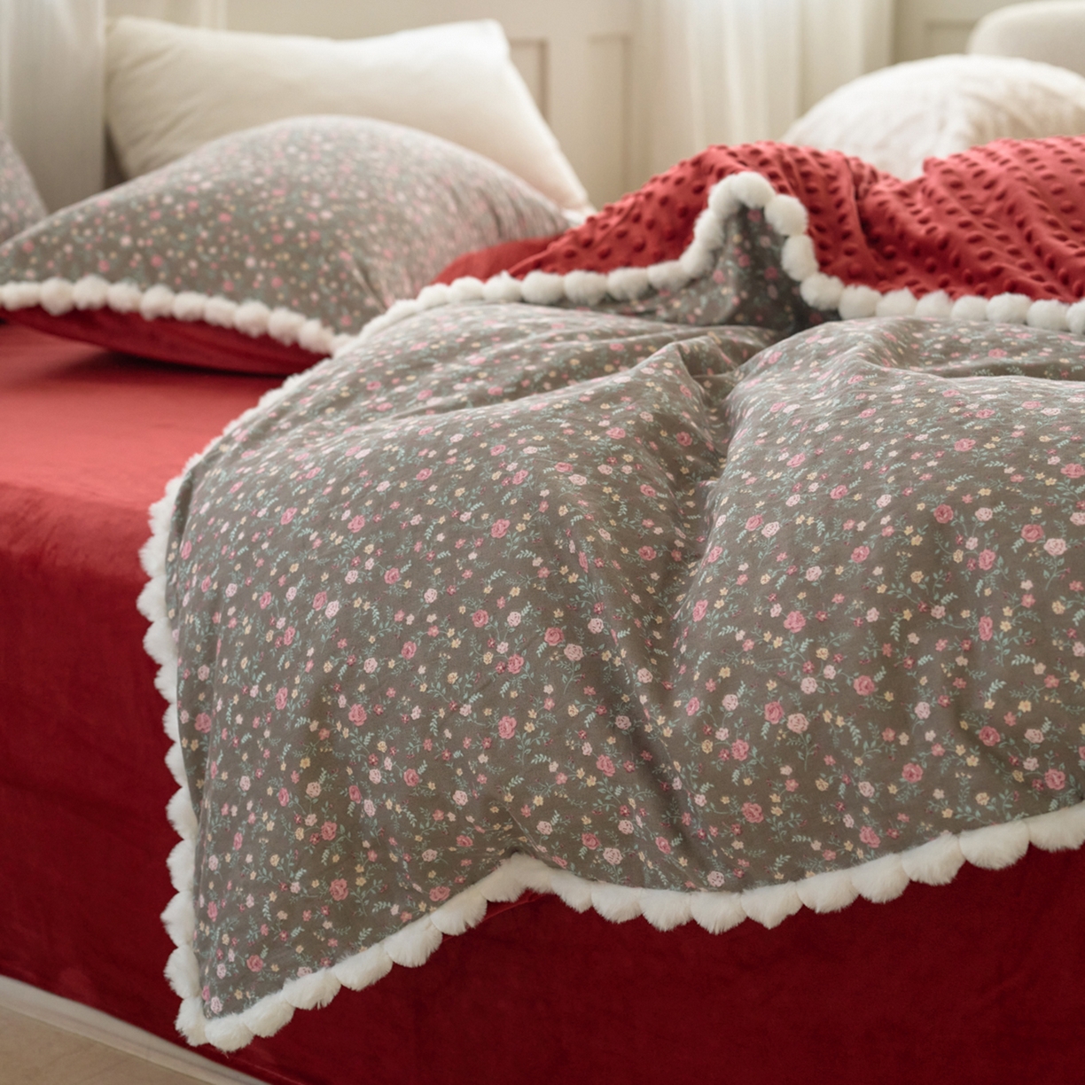 91家纺网 家纺一手货源 找家纺 （总）洋铭区（原狠狠爱） 2025秋冬双层纱毛球球+豆豆绒四件套系列