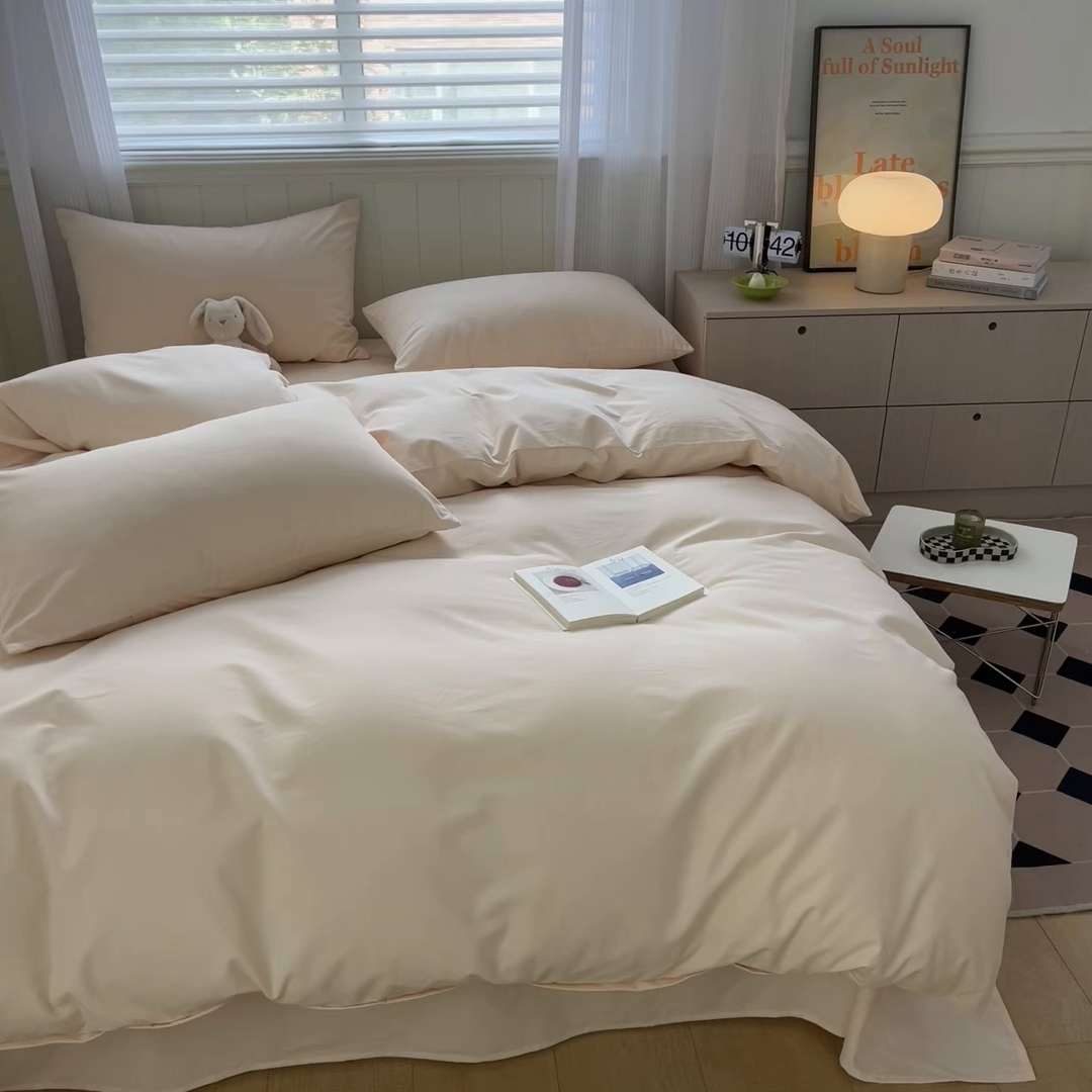 91家纺网 家纺一手货源 找家纺 蓝邻家纺 2025新款全棉纯棉磨毛简约系列四件套 白桃麻薯