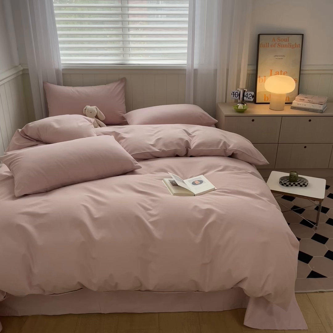 91家纺网 家纺一手货源 找家纺 蓝邻家纺 2025新款全棉纯棉磨毛简约系列四件套 豆沙