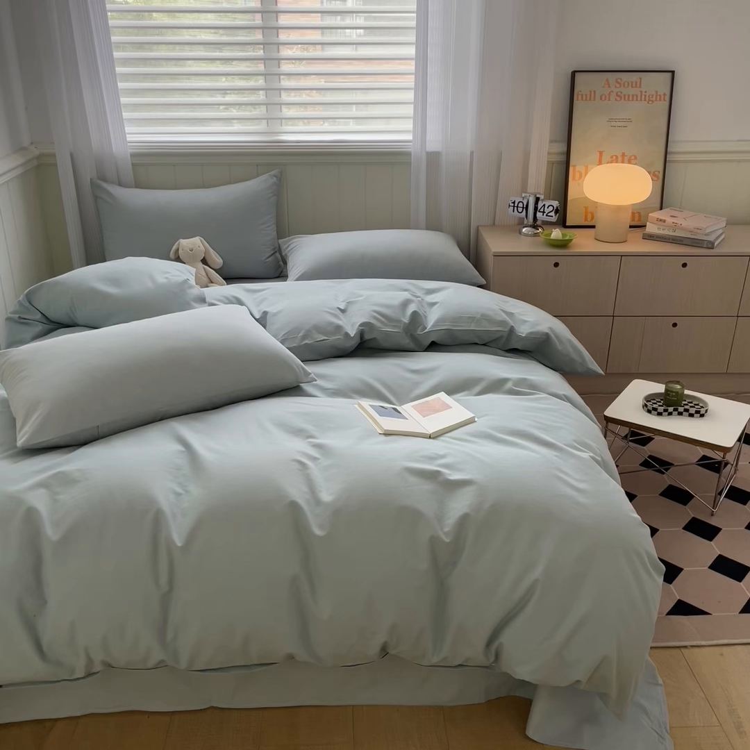 91家纺网 家纺一手货源 找家纺 蓝邻家纺 2025新款全棉纯棉磨毛简约系列四件套 水蓝