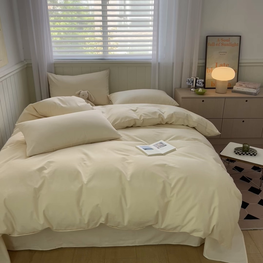 91家纺网 家纺一手货源 找家纺 蓝邻家纺 2025新款全棉纯棉磨毛简约系列四件套 奶油黄