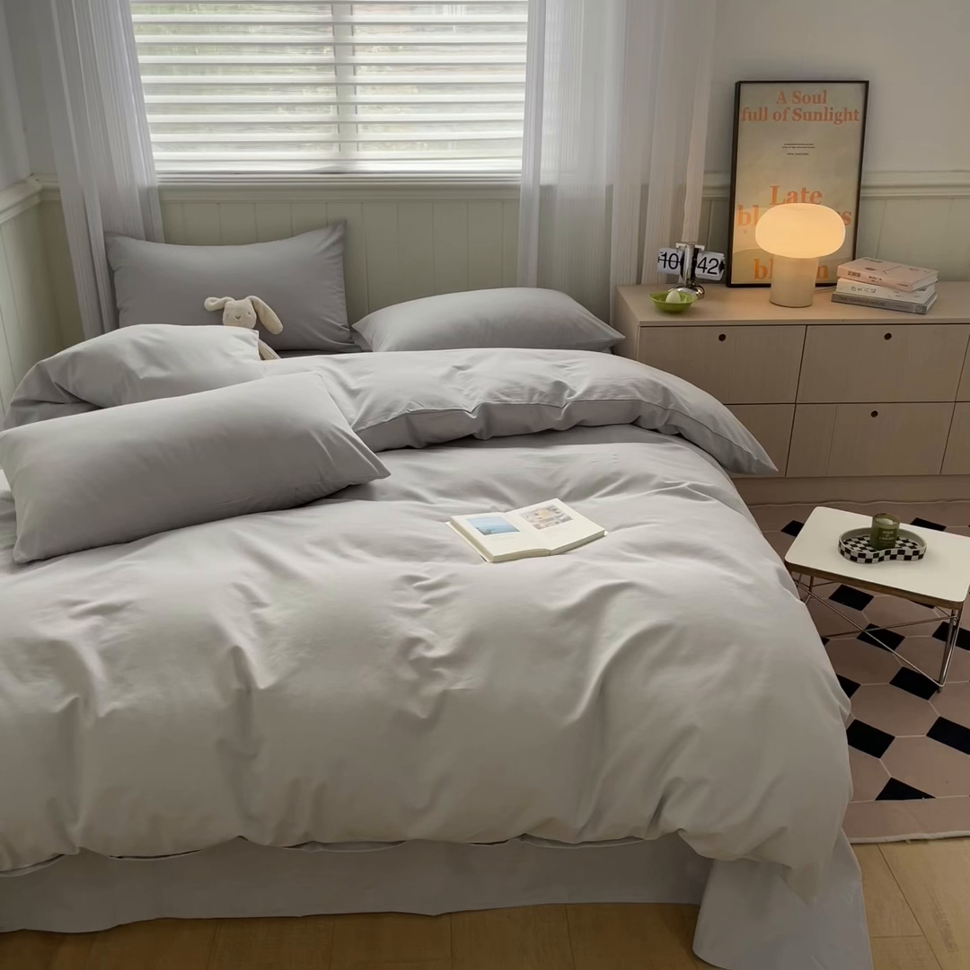 91家纺网 家纺一手货源 找家纺 蓝邻家纺 2025新款全棉纯棉磨毛简约系列四件套 浅灰