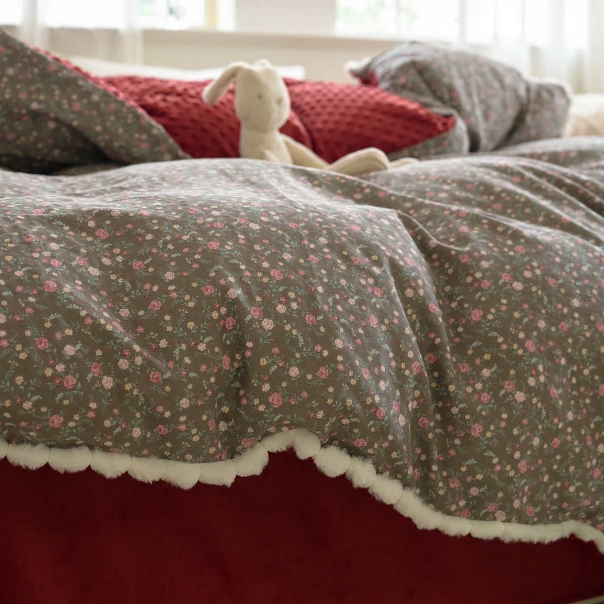 91家纺网 家纺一手货源 找家纺 洋铭区（原狠狠爱） 2025秋冬双层纱毛球球+豆豆绒四件套系列 爱莎玫瑰