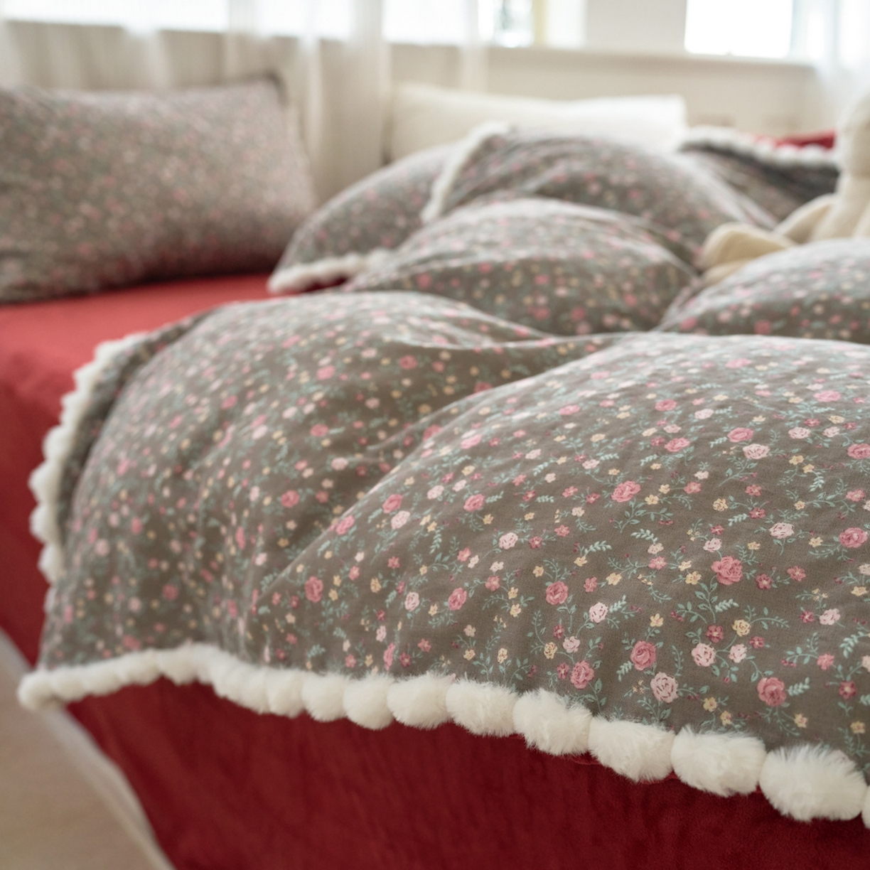 91家纺网 家纺一手货源 找家纺 洋铭区（原狠狠爱） 2025秋冬双层纱毛球球+豆豆绒四件套系列 爱莎玫瑰