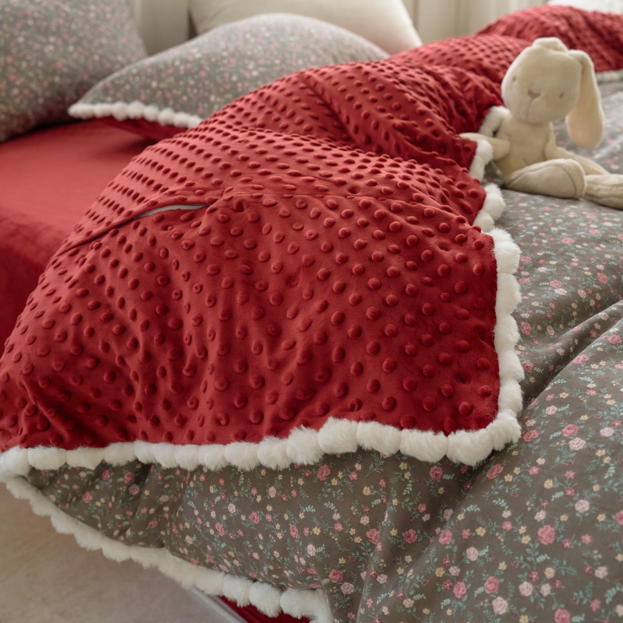 91家纺网 家纺一手货源 找家纺 洋铭区（原狠狠爱） 2025秋冬双层纱毛球球+豆豆绒四件套系列 爱莎玫瑰