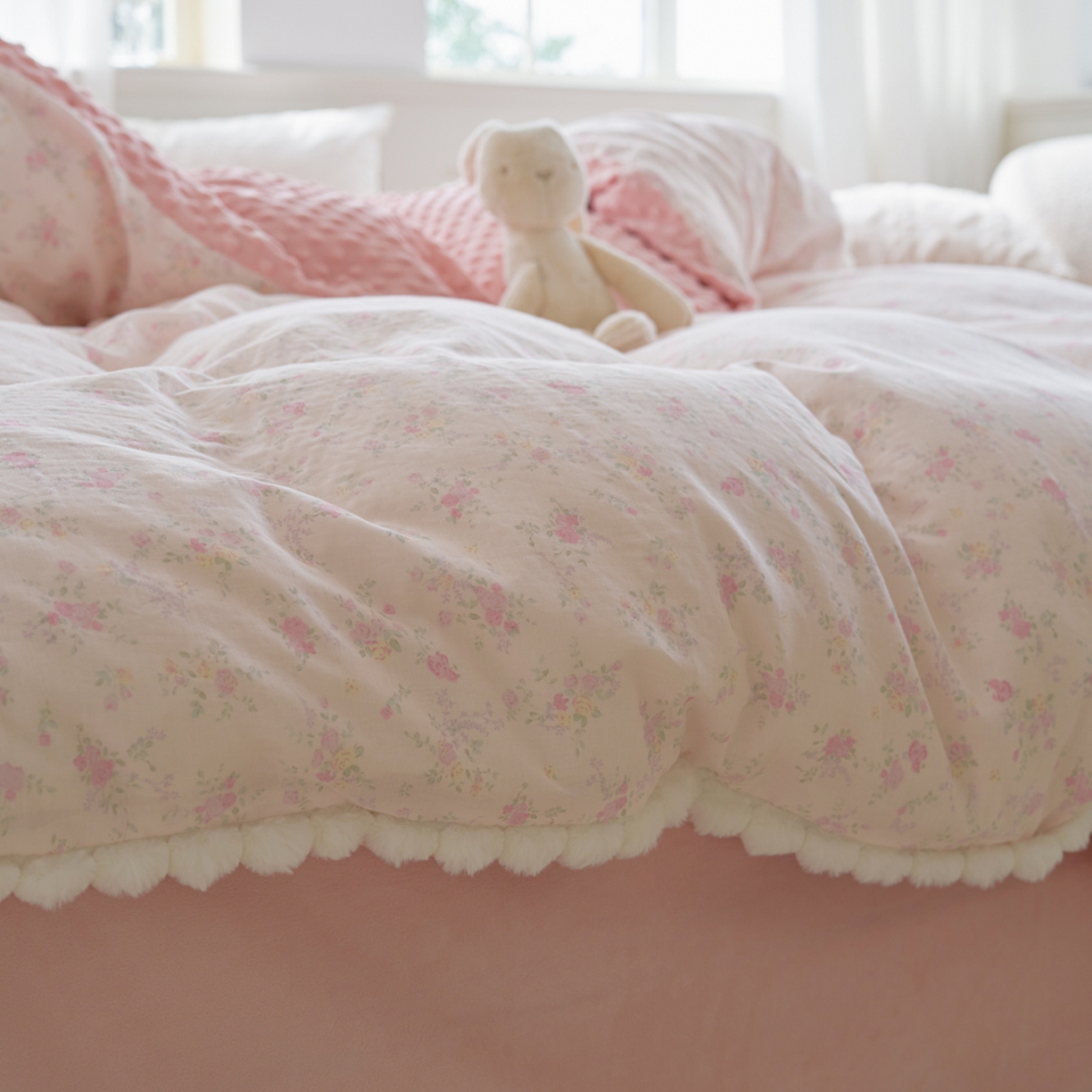 91家纺网 家纺一手货源 找家纺 洋铭区（原狠狠爱） 2025秋冬双层纱毛球球+豆豆绒四件套系列 丁香小花