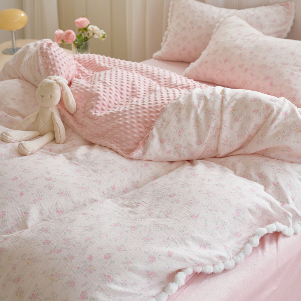 91家纺网 家纺一手货源 找家纺 洋铭区（原狠狠爱） 2025秋冬双层纱毛球球+豆豆绒四件套系列 丁香小花