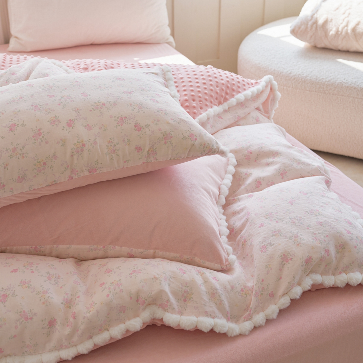 91家纺网 家纺一手货源 找家纺 洋铭区（原狠狠爱） 2025秋冬双层纱毛球球+豆豆绒四件套系列 丁香小花