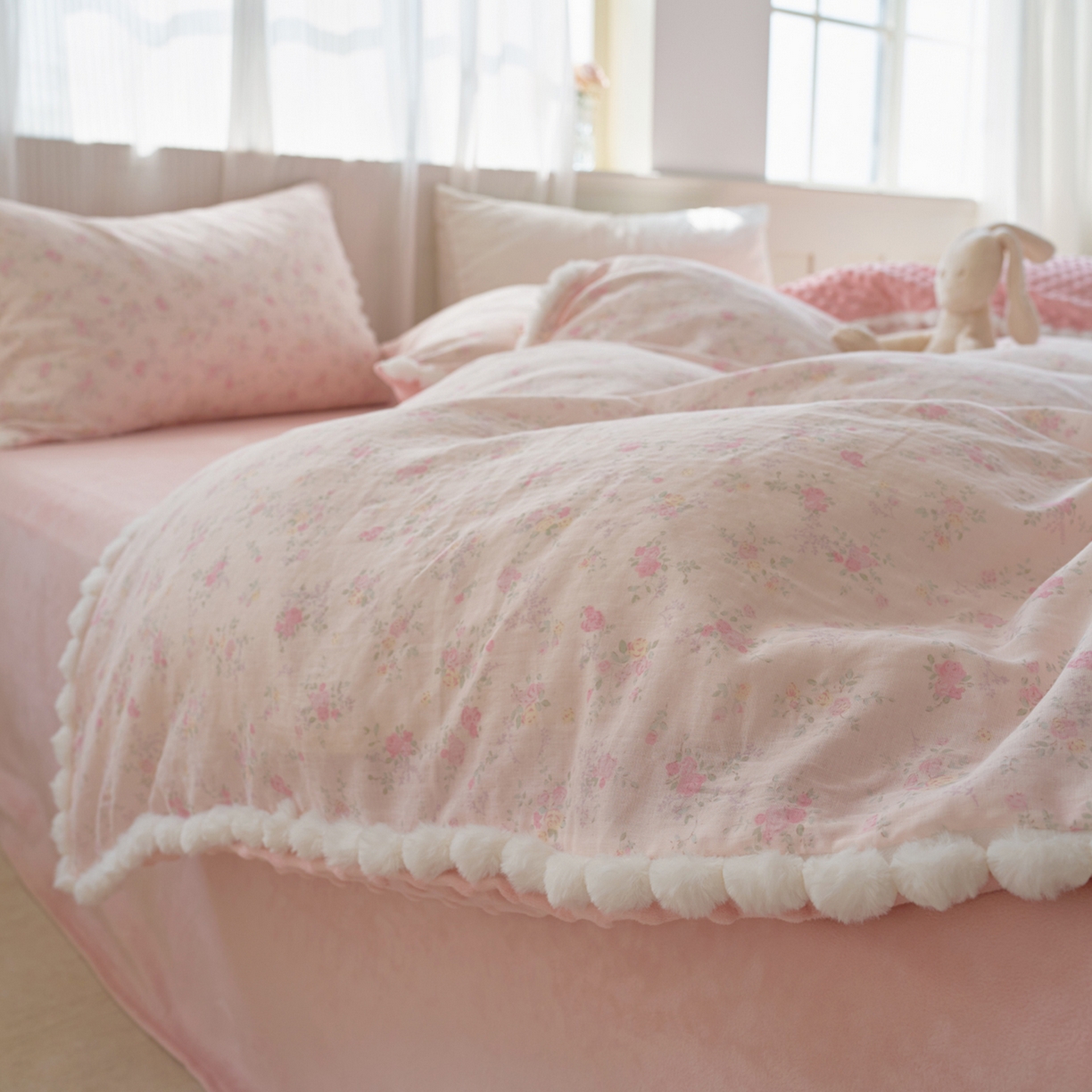 91家纺网 家纺一手货源 找家纺 洋铭区（原狠狠爱） 2025秋冬双层纱毛球球+豆豆绒四件套系列 丁香小花