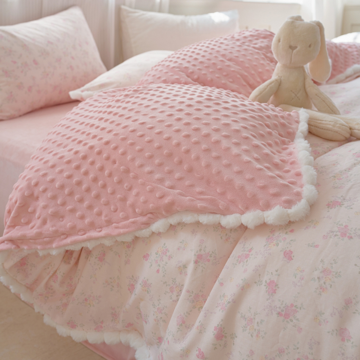 91家纺网 家纺一手货源 找家纺 洋铭区（原狠狠爱） 2025秋冬双层纱毛球球+豆豆绒四件套系列 丁香小花