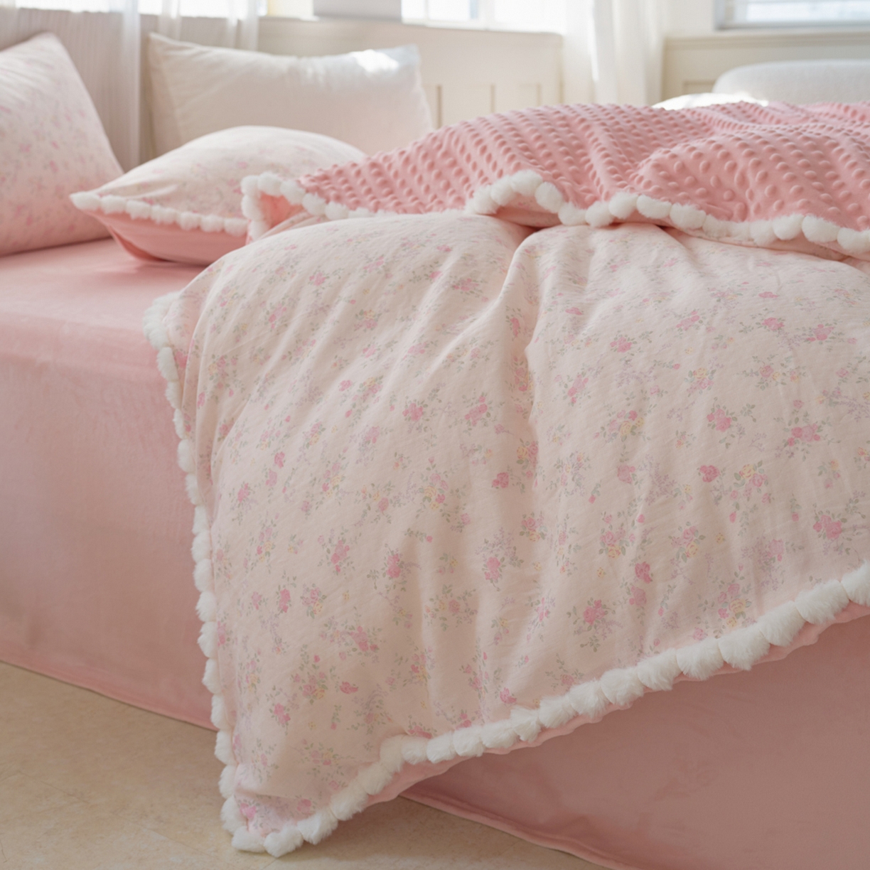 91家纺网 家纺一手货源 找家纺 洋铭区（原狠狠爱） 2025秋冬双层纱毛球球+豆豆绒四件套系列 丁香小花