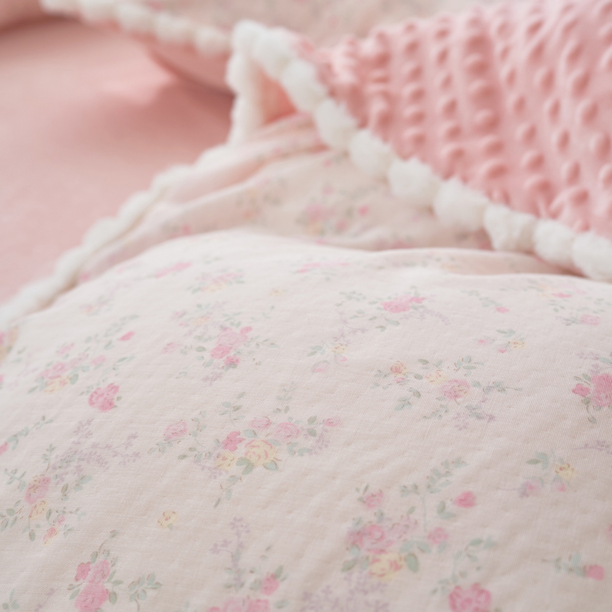 91家纺网 家纺一手货源 找家纺 洋铭区（原狠狠爱） 2025秋冬双层纱毛球球+豆豆绒四件套系列 丁香小花