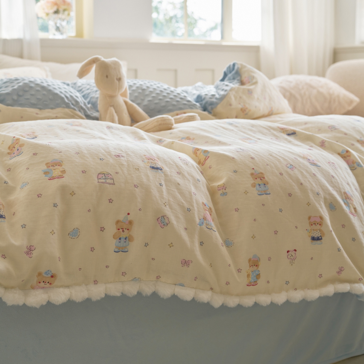 91家纺网 家纺一手货源 找家纺 洋铭区（原狠狠爱） 2025秋冬双层纱毛球球+豆豆绒四件套系列 公主小熊