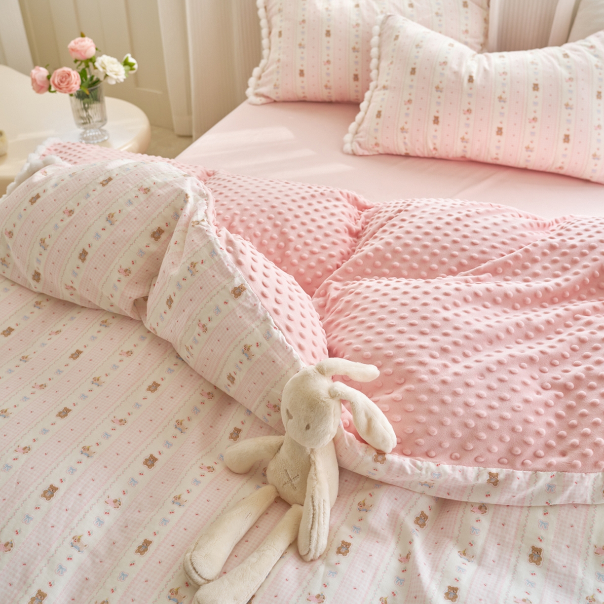 91家纺网 家纺一手货源 找家纺 洋铭区（原狠狠爱） 2025秋冬双层纱毛球球+豆豆绒四件套系列 乖宝小熊