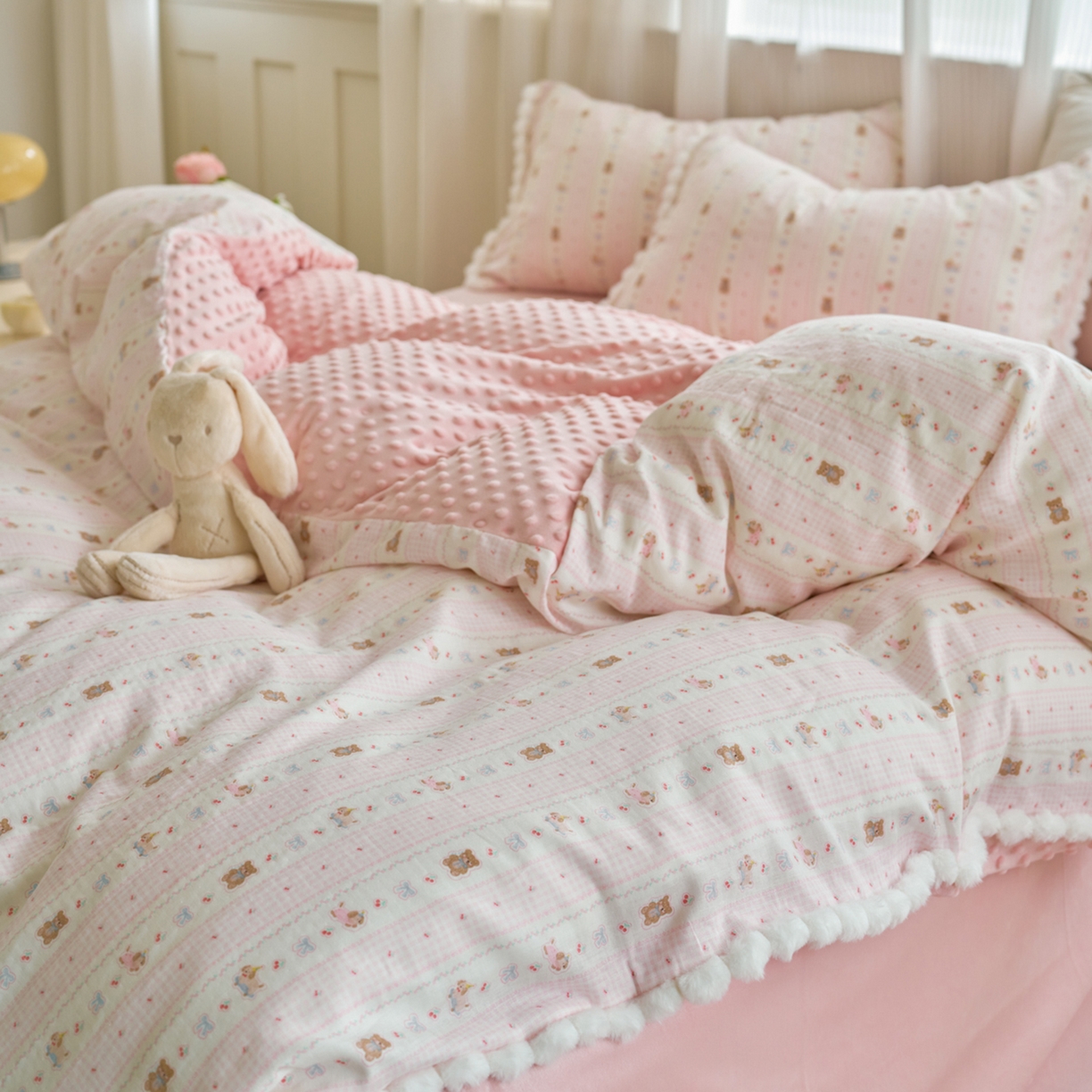 91家纺网 家纺一手货源 找家纺 洋铭区（原狠狠爱） 2025秋冬双层纱毛球球+豆豆绒四件套系列 乖宝小熊