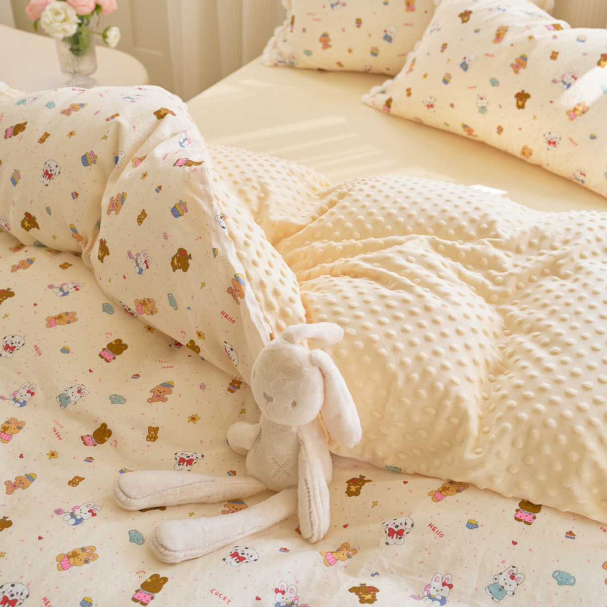 91家纺网 家纺一手货源 找家纺 洋铭区（原狠狠爱） 2025秋冬双层纱毛球球+豆豆绒四件套系列 萌趣宝宝