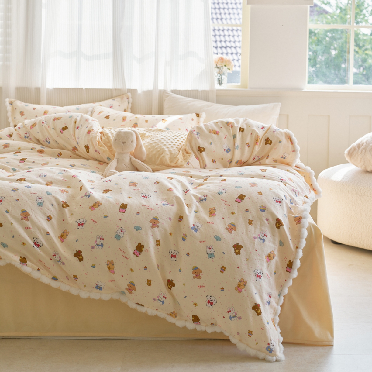 91家纺网 家纺一手货源 找家纺 洋铭区（原狠狠爱） 2025秋冬双层纱毛球球+豆豆绒四件套系列 萌趣宝宝