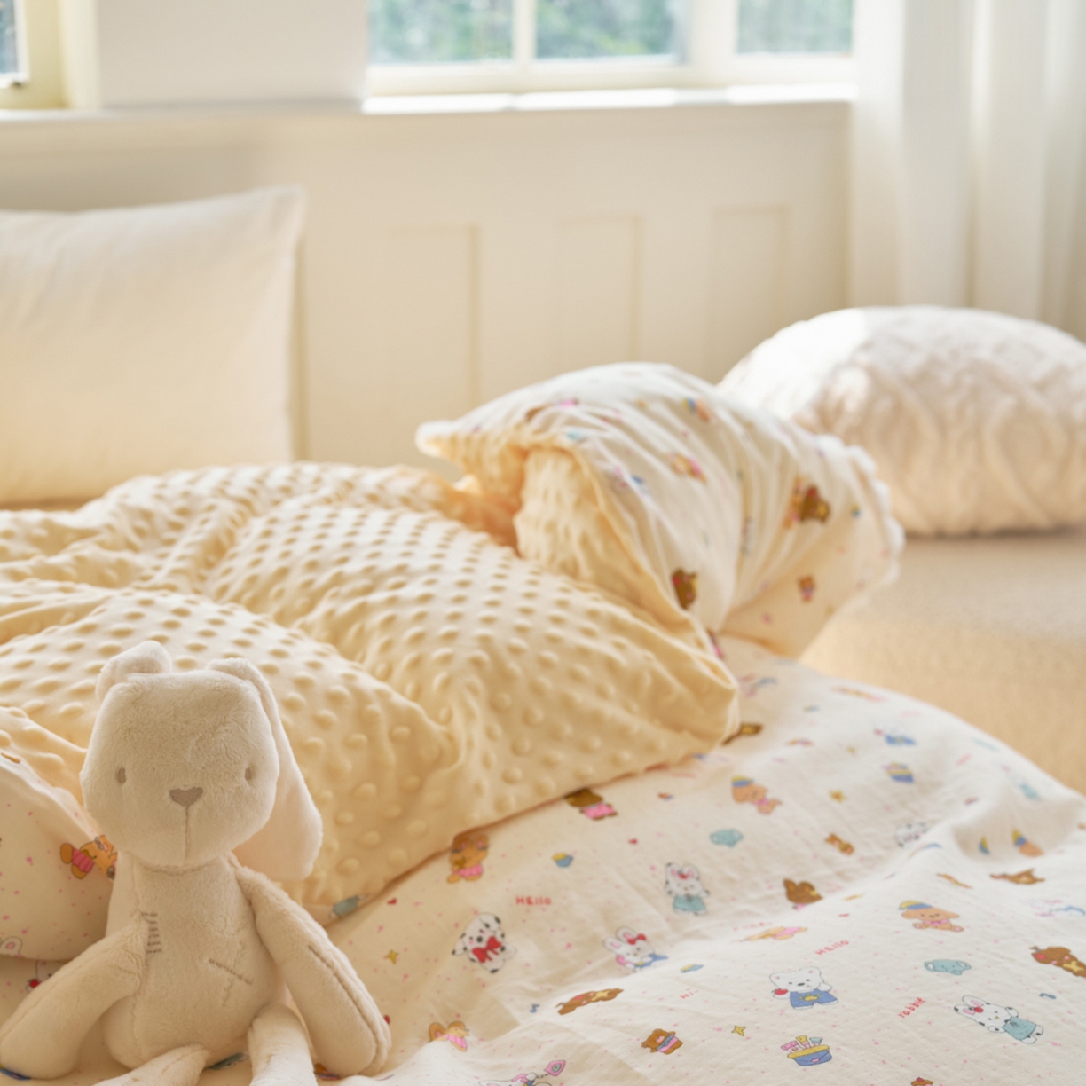 91家纺网 家纺一手货源 找家纺 洋铭区（原狠狠爱） 2025秋冬双层纱毛球球+豆豆绒四件套系列 萌趣宝宝