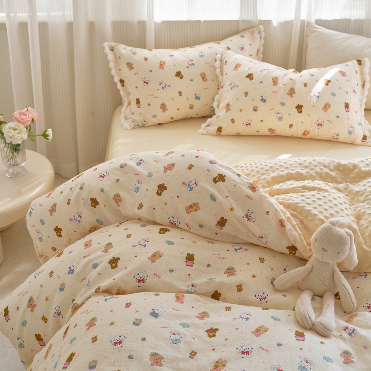 91家纺网 家纺一手货源 找家纺 洋铭区（原狠狠爱） 2025秋冬双层纱毛球球+豆豆绒四件套系列 萌趣宝宝