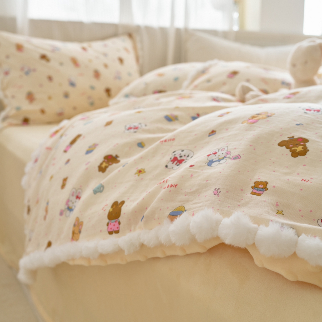 91家纺网 家纺一手货源 找家纺 洋铭区（原狠狠爱） 2025秋冬双层纱毛球球+豆豆绒四件套系列 萌趣宝宝