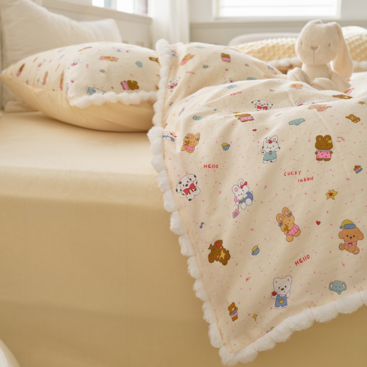 91家纺网 家纺一手货源 找家纺 洋铭区（原狠狠爱） 2025秋冬双层纱毛球球+豆豆绒四件套系列 萌趣宝宝