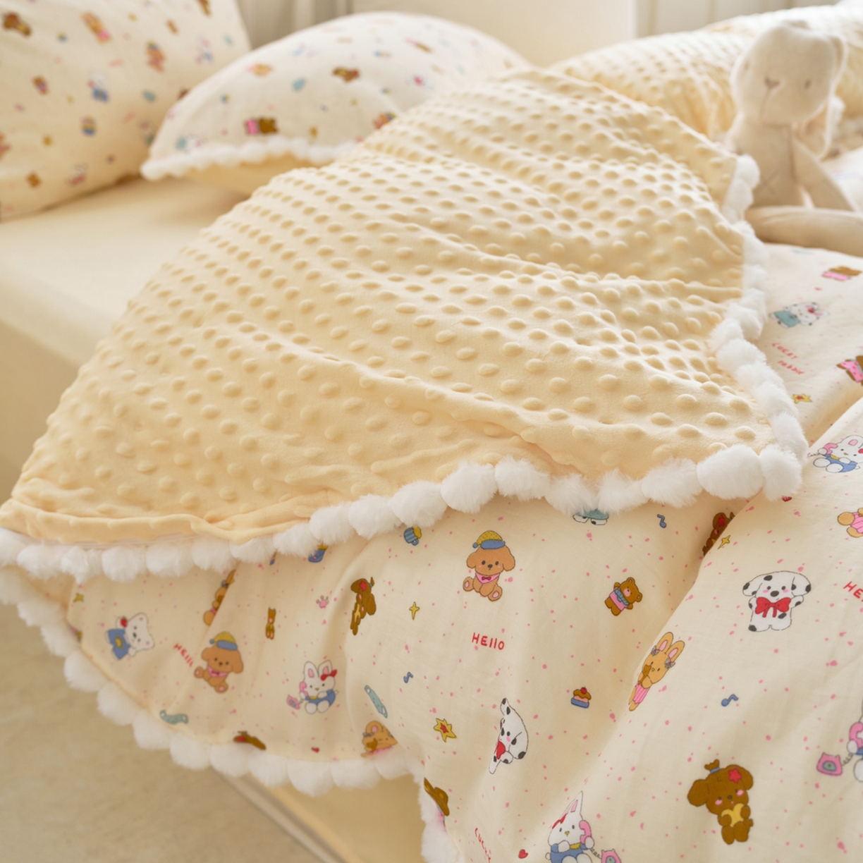 91家纺网 家纺一手货源 找家纺 洋铭区（原狠狠爱） 2025秋冬双层纱毛球球+豆豆绒四件套系列 萌趣宝宝