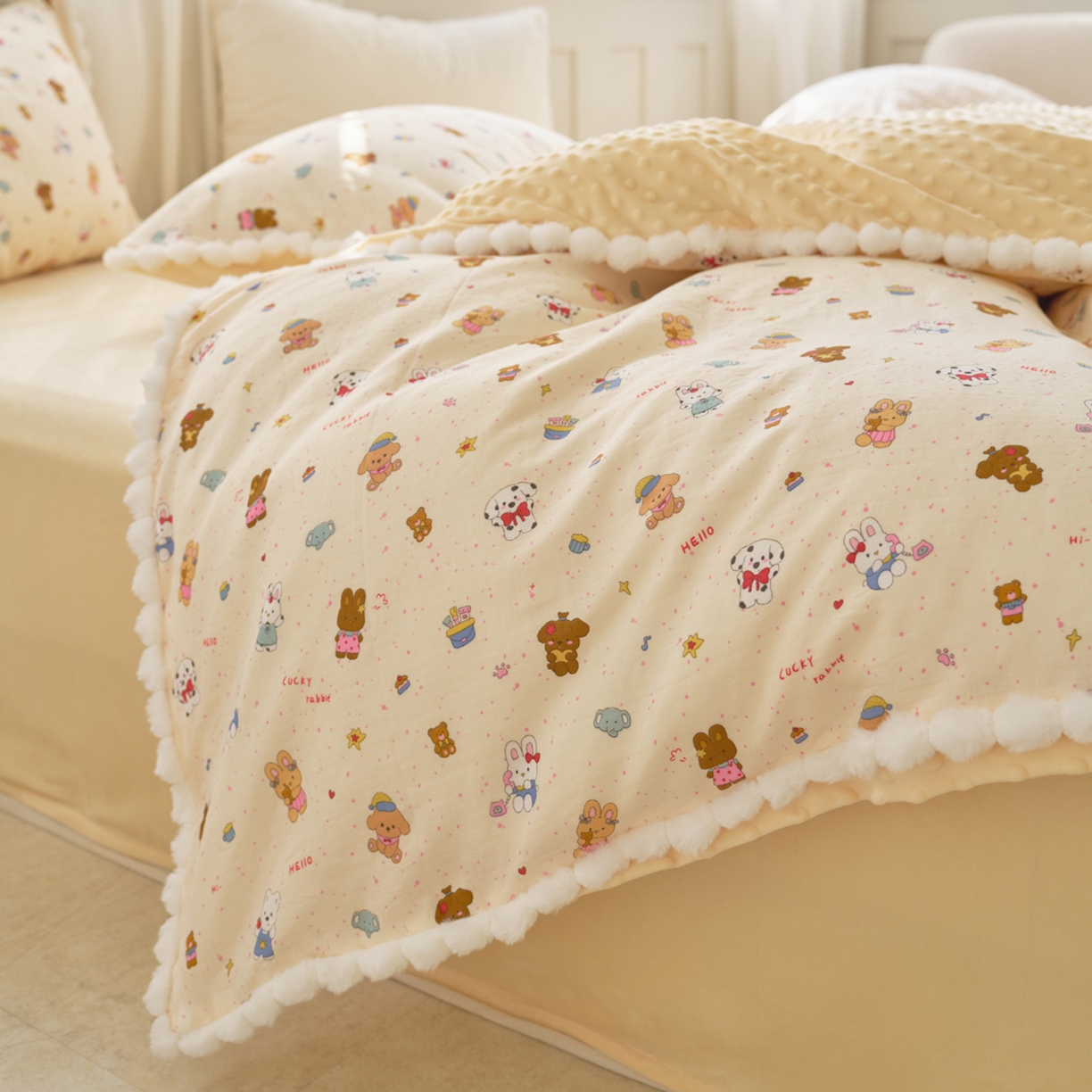 91家纺网 家纺一手货源 找家纺 洋铭区（原狠狠爱） 2025秋冬双层纱毛球球+豆豆绒四件套系列 萌趣宝宝