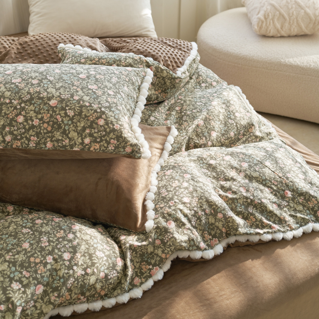 91家纺网 家纺一手货源 找家纺 洋铭区（原狠狠爱） 2025秋冬双层纱毛球球+豆豆绒四件套系列 秘密花园