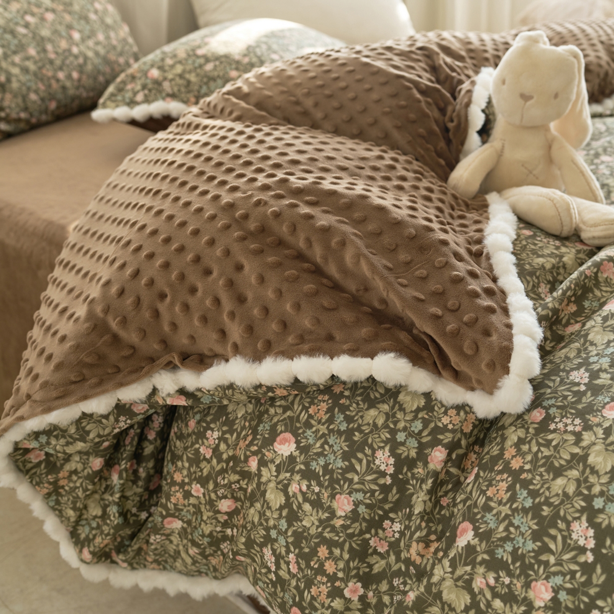 91家纺网 家纺一手货源 找家纺 洋铭区（原狠狠爱） 2025秋冬双层纱毛球球+豆豆绒四件套系列 秘密花园