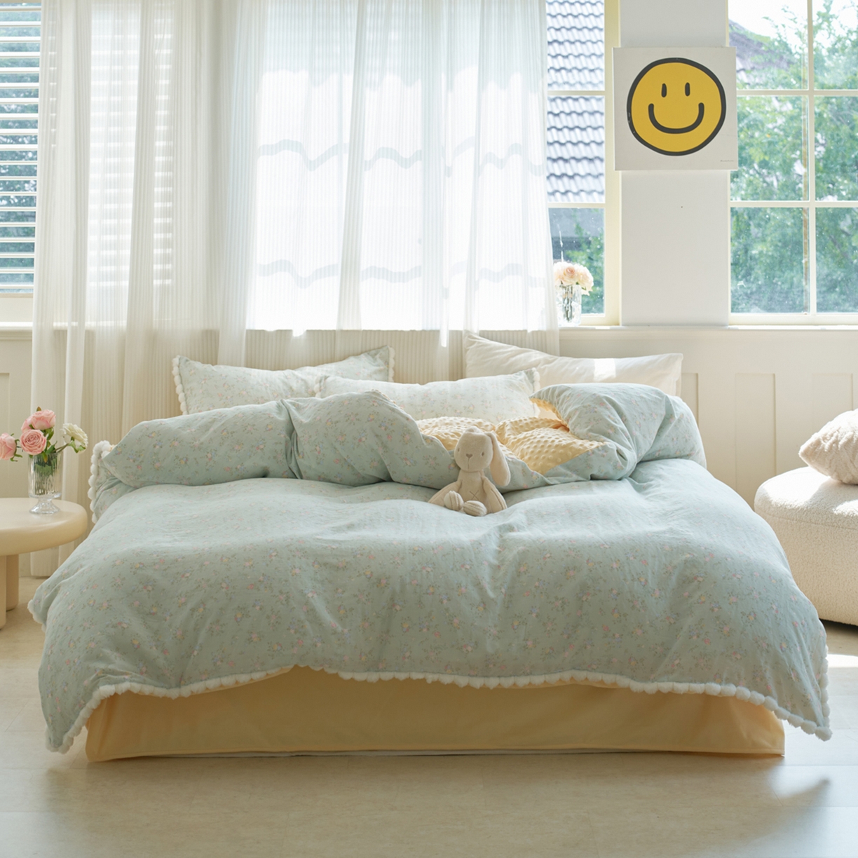 洋铭区（原狠狠爱） 2025秋冬双层纱毛球球+豆豆绒四件套系列 水仙绿花