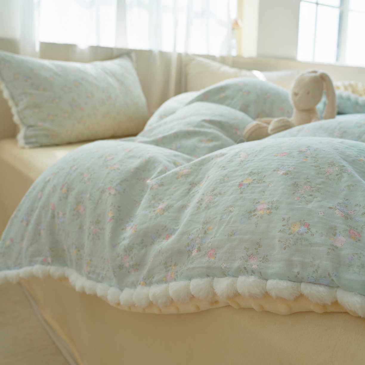 91家纺网 家纺一手货源 找家纺 洋铭区（原狠狠爱） 2025秋冬双层纱毛球球+豆豆绒四件套系列 水仙绿花