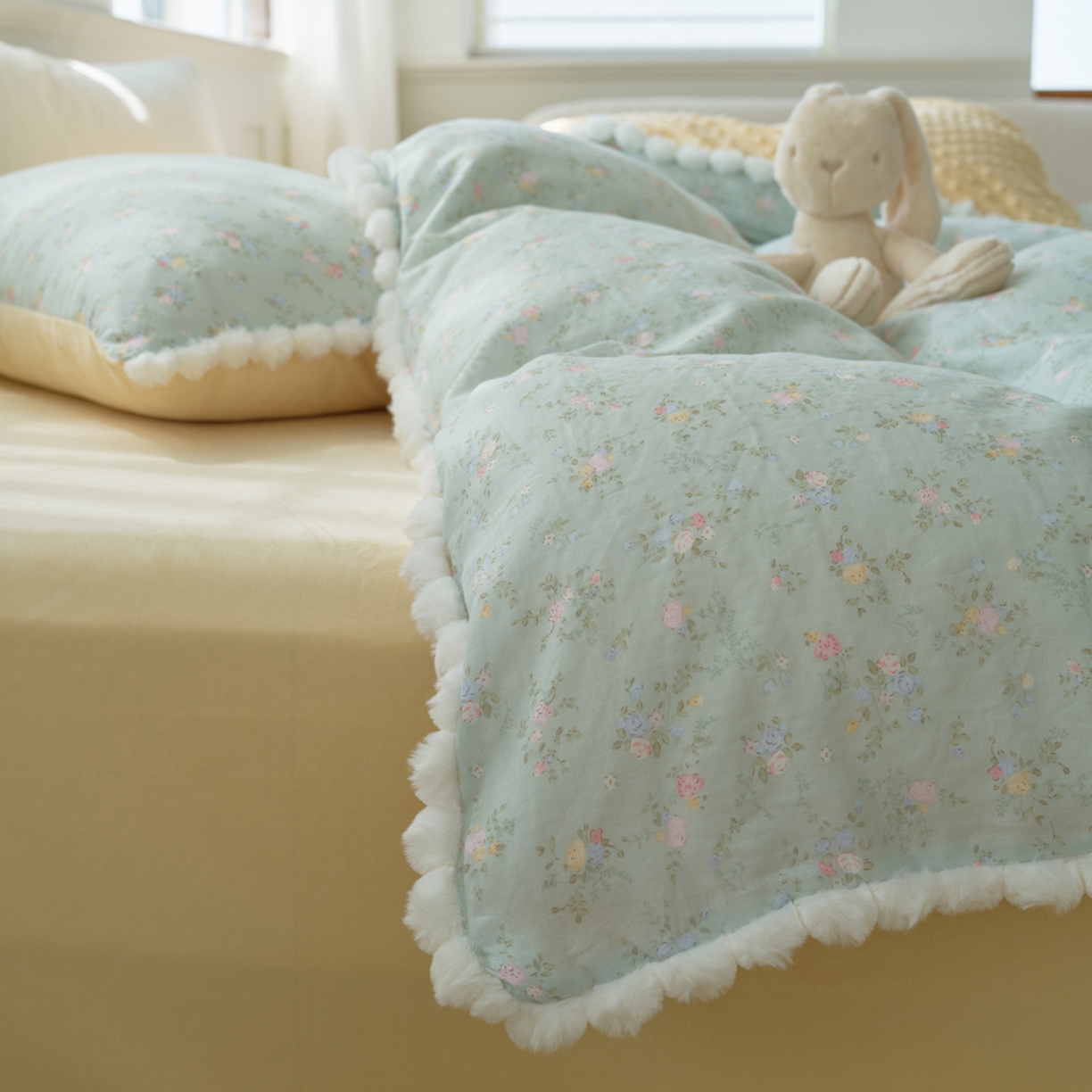 91家纺网 家纺一手货源 找家纺 洋铭区（原狠狠爱） 2025秋冬双层纱毛球球+豆豆绒四件套系列 水仙绿花