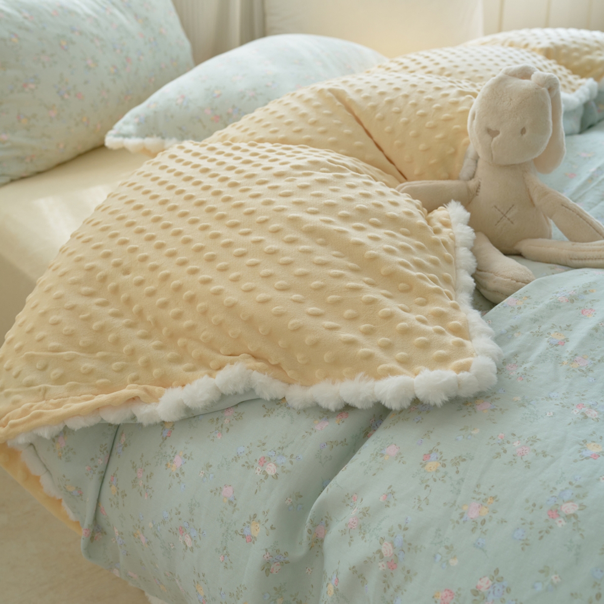 91家纺网 家纺一手货源 找家纺 洋铭区（原狠狠爱） 2025秋冬双层纱毛球球+豆豆绒四件套系列 水仙绿花