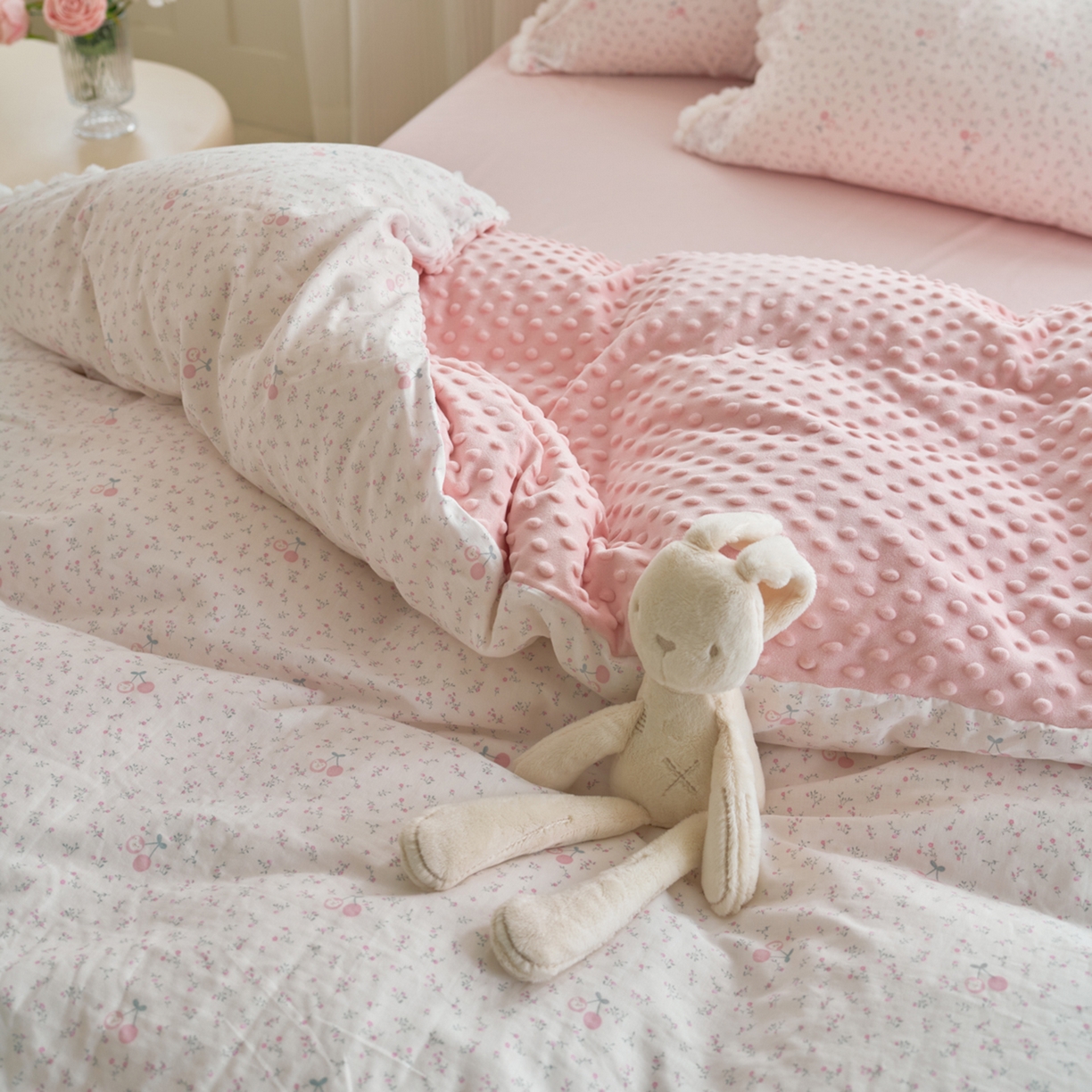 91家纺网 家纺一手货源 找家纺 洋铭区（原狠狠爱） 2025秋冬双层纱毛球球+豆豆绒四件套系列 小果粉花