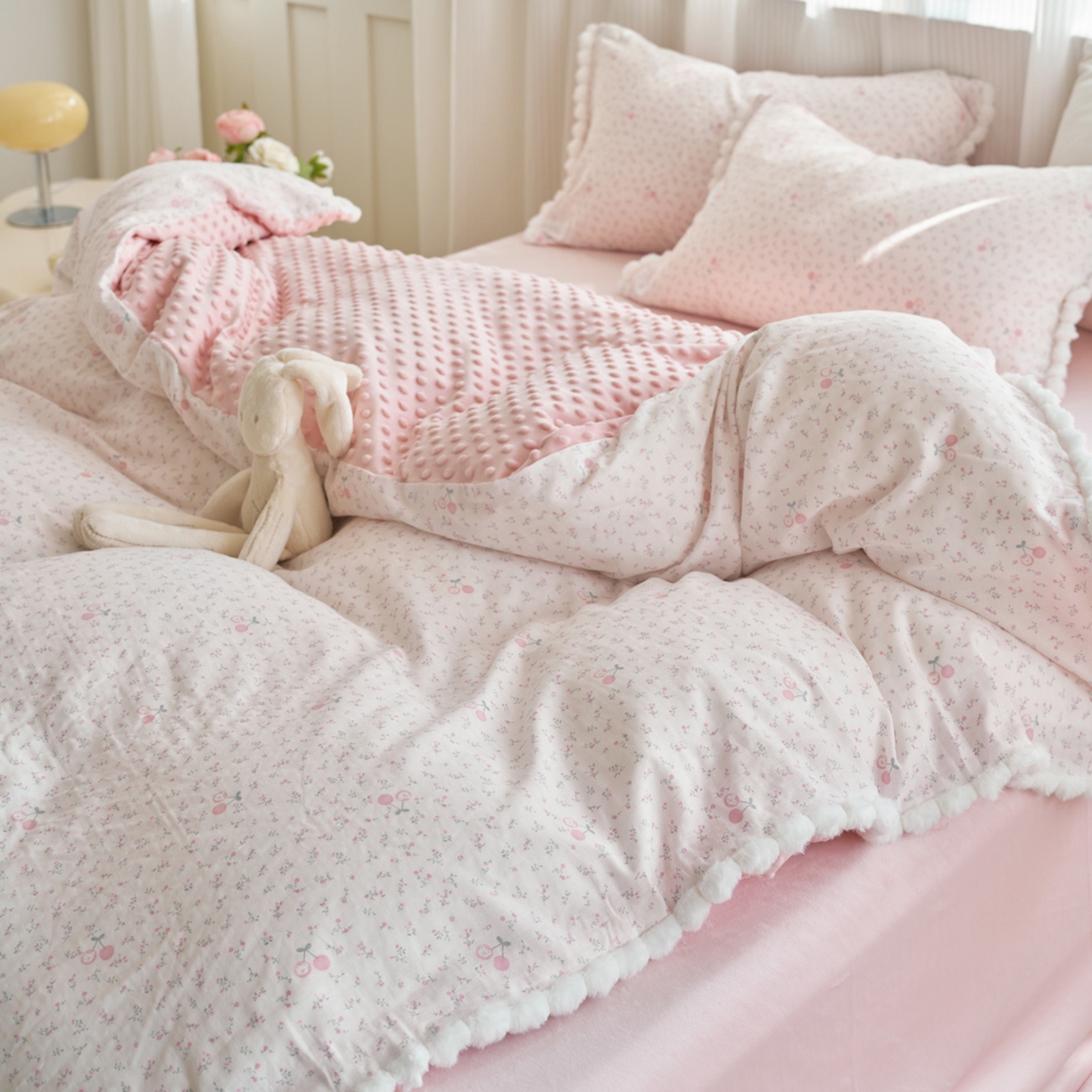 91家纺网 家纺一手货源 找家纺 洋铭区（原狠狠爱） 2025秋冬双层纱毛球球+豆豆绒四件套系列 小果粉花