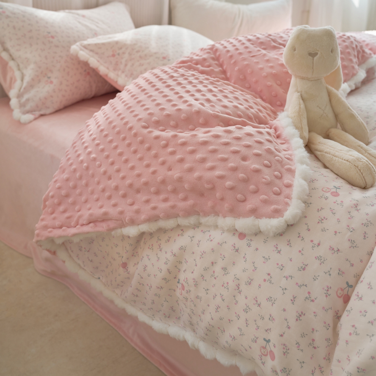 91家纺网 家纺一手货源 找家纺 洋铭区（原狠狠爱） 2025秋冬双层纱毛球球+豆豆绒四件套系列 小果粉花