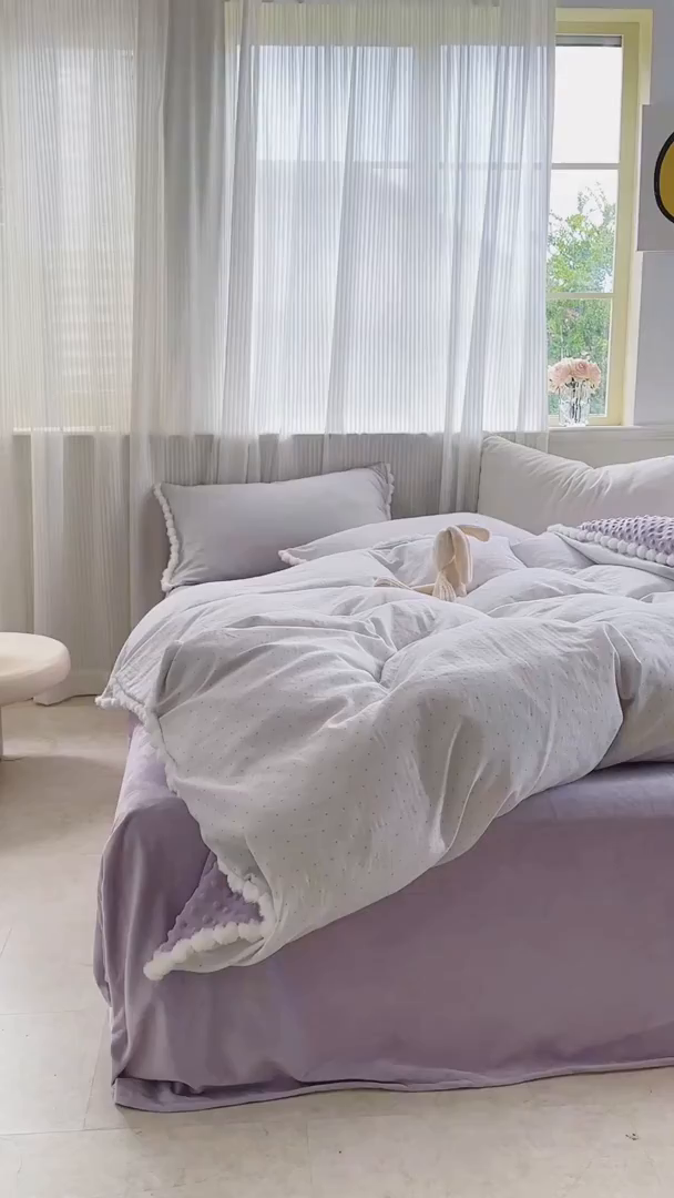 91家纺网 家纺一手货源 找家纺 洋铭区（原狠狠爱） 2025秋冬双层纱毛球球+豆豆绒四件套系列 小圆圆-深紫