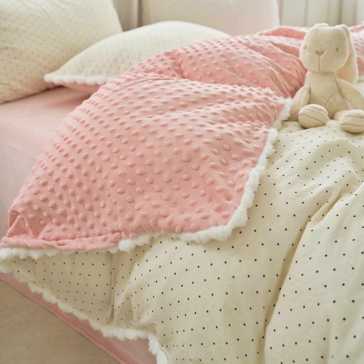 91家纺网 家纺一手货源 找家纺 洋铭区（原狠狠爱） 2025秋冬双层纱毛球球+豆豆绒四件套系列 小圆圆-黑