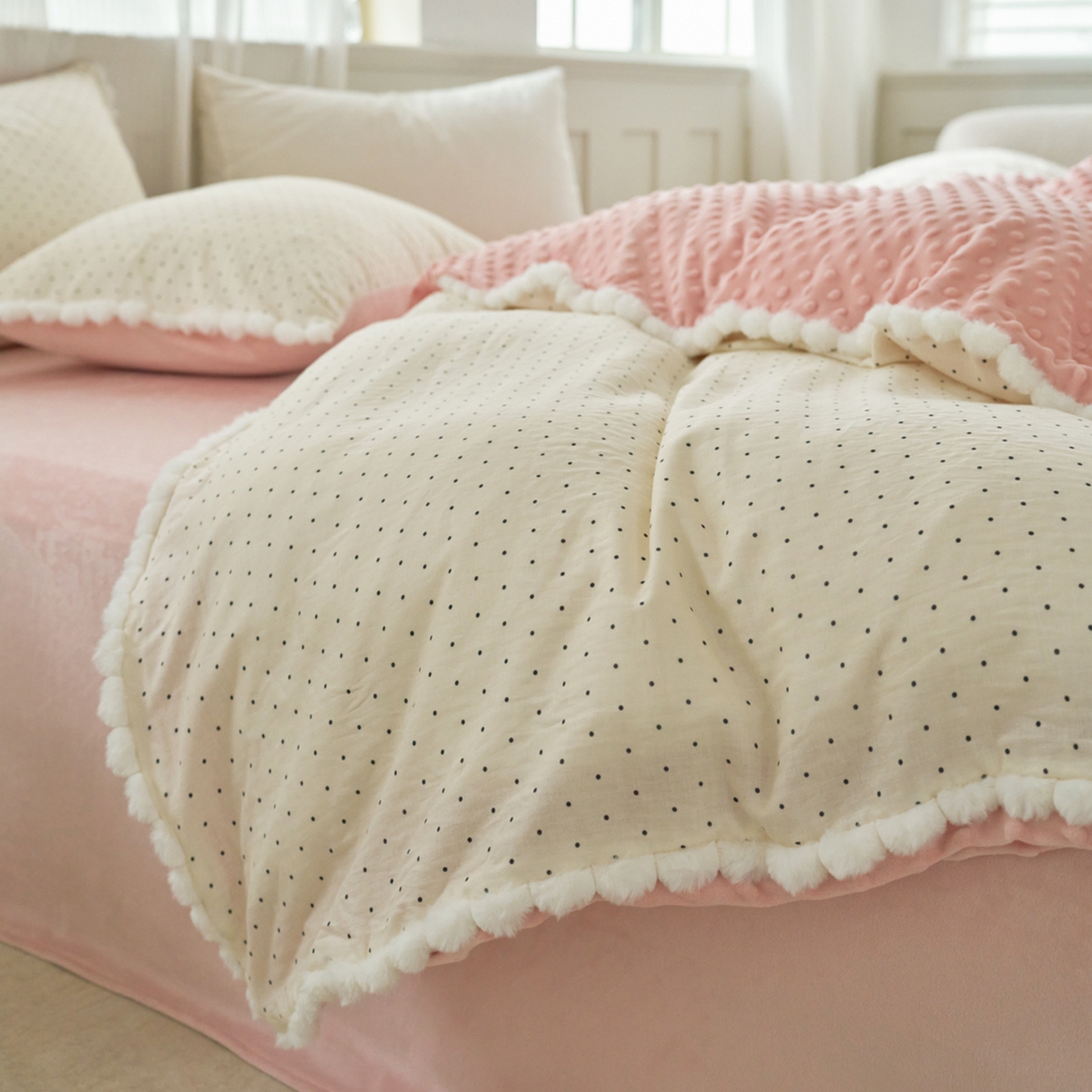 91家纺网 家纺一手货源 找家纺 洋铭区（原狠狠爱） 2025秋冬双层纱毛球球+豆豆绒四件套系列 小圆圆-黑