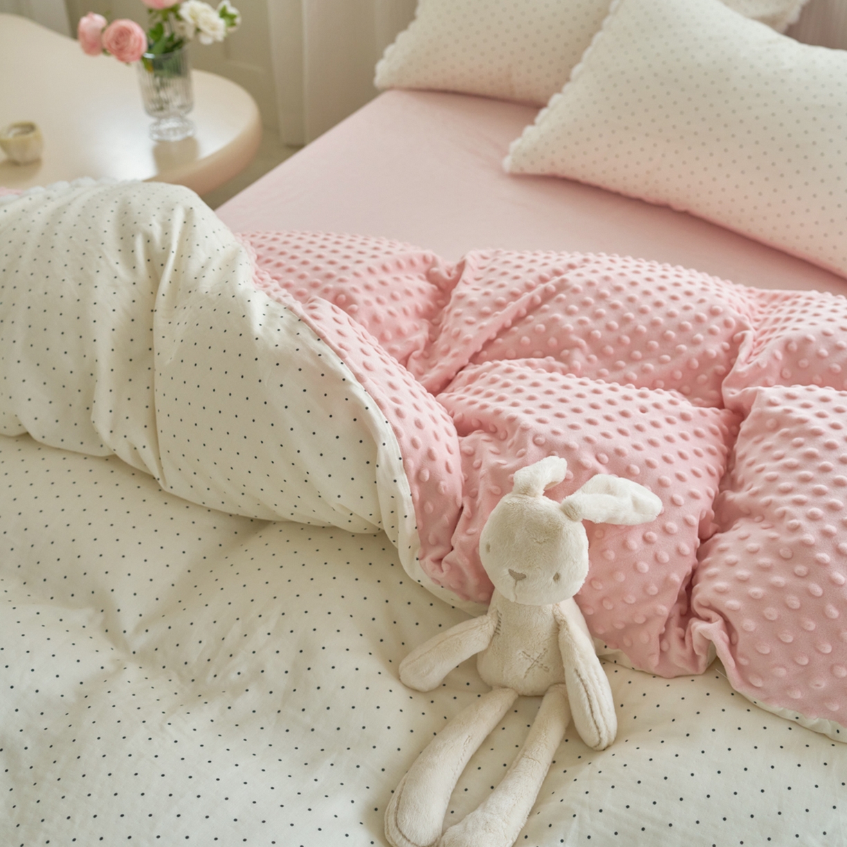 91家纺网 家纺一手货源 找家纺 洋铭区（原狠狠爱） 2025秋冬双层纱毛球球+豆豆绒四件套系列 小圆圆-黑