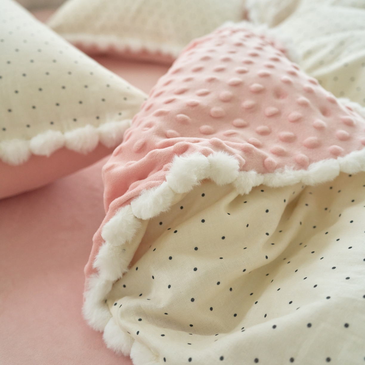 91家纺网 家纺一手货源 找家纺 洋铭区（原狠狠爱） 2025秋冬双层纱毛球球+豆豆绒四件套系列 小圆圆-黑