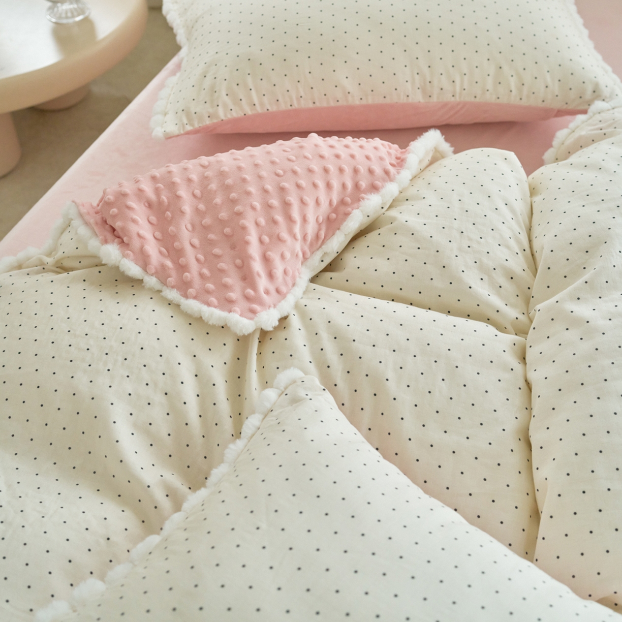 91家纺网 家纺一手货源 找家纺 洋铭区（原狠狠爱） 2025秋冬双层纱毛球球+豆豆绒四件套系列 小圆圆-黑