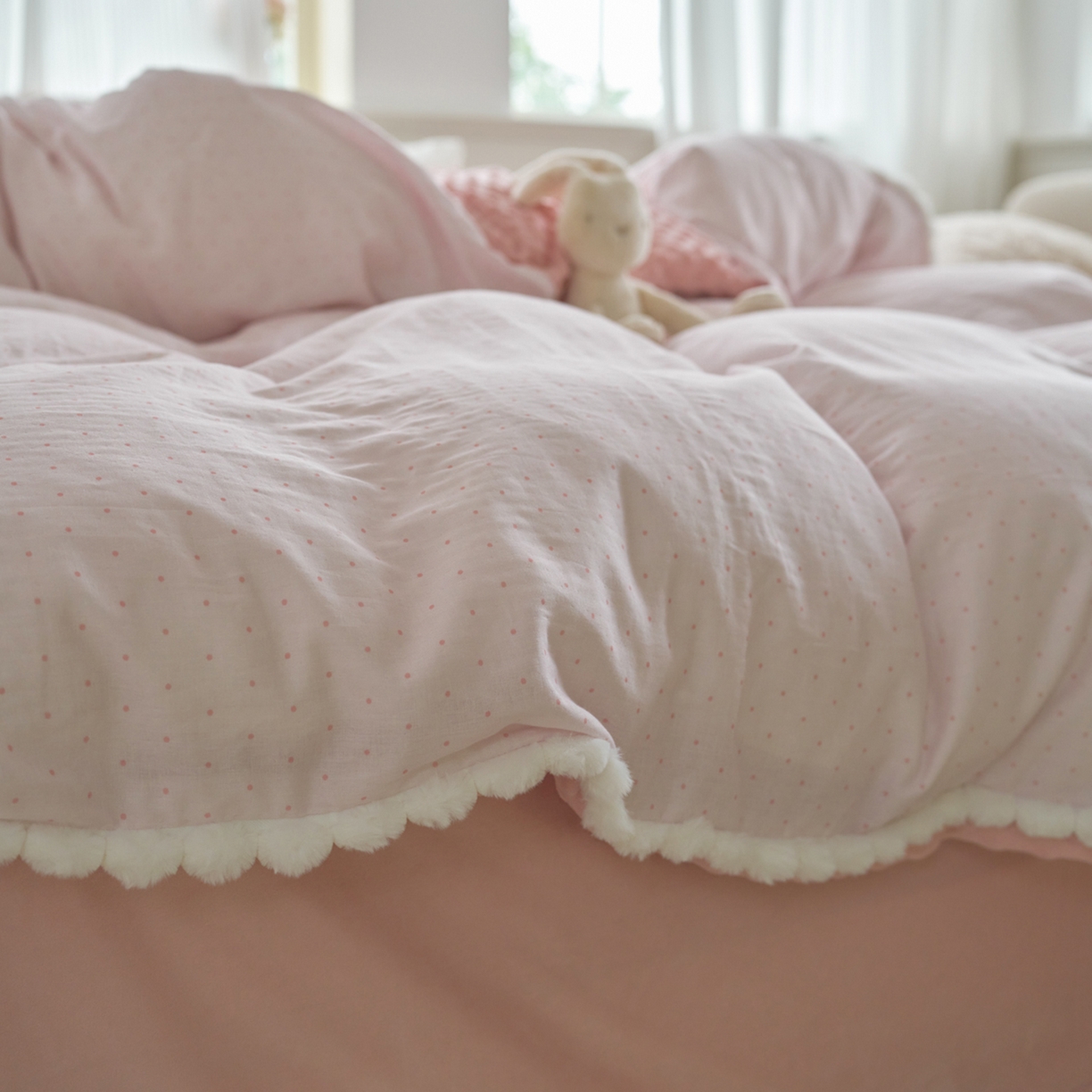 91家纺网 家纺一手货源 找家纺 洋铭区（原狠狠爱） 2025秋冬双层纱毛球球+豆豆绒四件套系列 小圆圆-紫