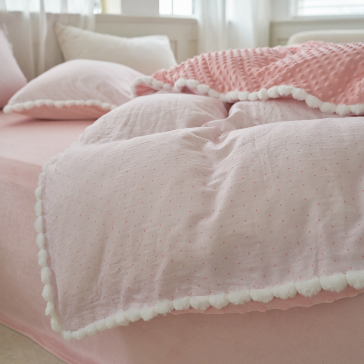 91家纺网 家纺一手货源 找家纺 洋铭区（原狠狠爱） 2025秋冬双层纱毛球球+豆豆绒四件套系列 小圆圆-紫