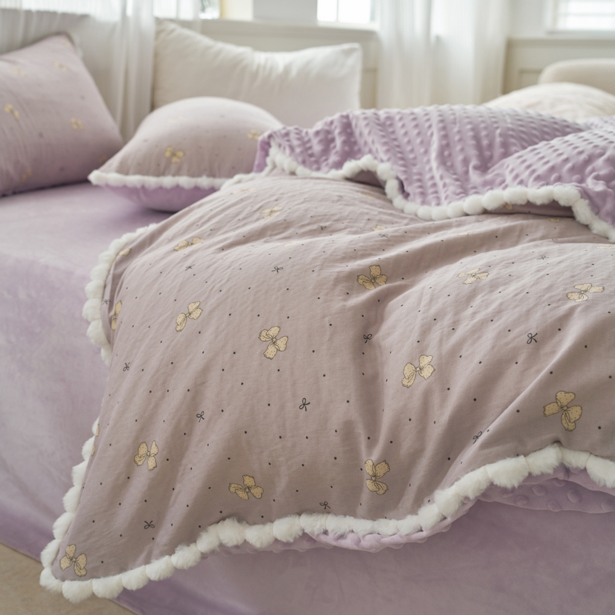 91家纺网 家纺一手货源 找家纺 洋铭区（原狠狠爱） 2025秋冬双层纱毛球球+豆豆绒四件套系列 紫蝶点点