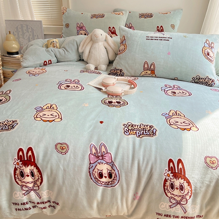 91家纺网 家纺一手货源 找家纺 yyds网供 2025新款牛奶绒印花四件套卡通花卉萌趣三件套加厚保暖裸睡治愈防静电 拉布精灵