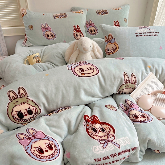 91家纺网 家纺一手货源 找家纺 yyds网供 2025新款牛奶绒印花四件套卡通花卉萌趣三件套加厚保暖裸睡治愈防静电 拉布精灵